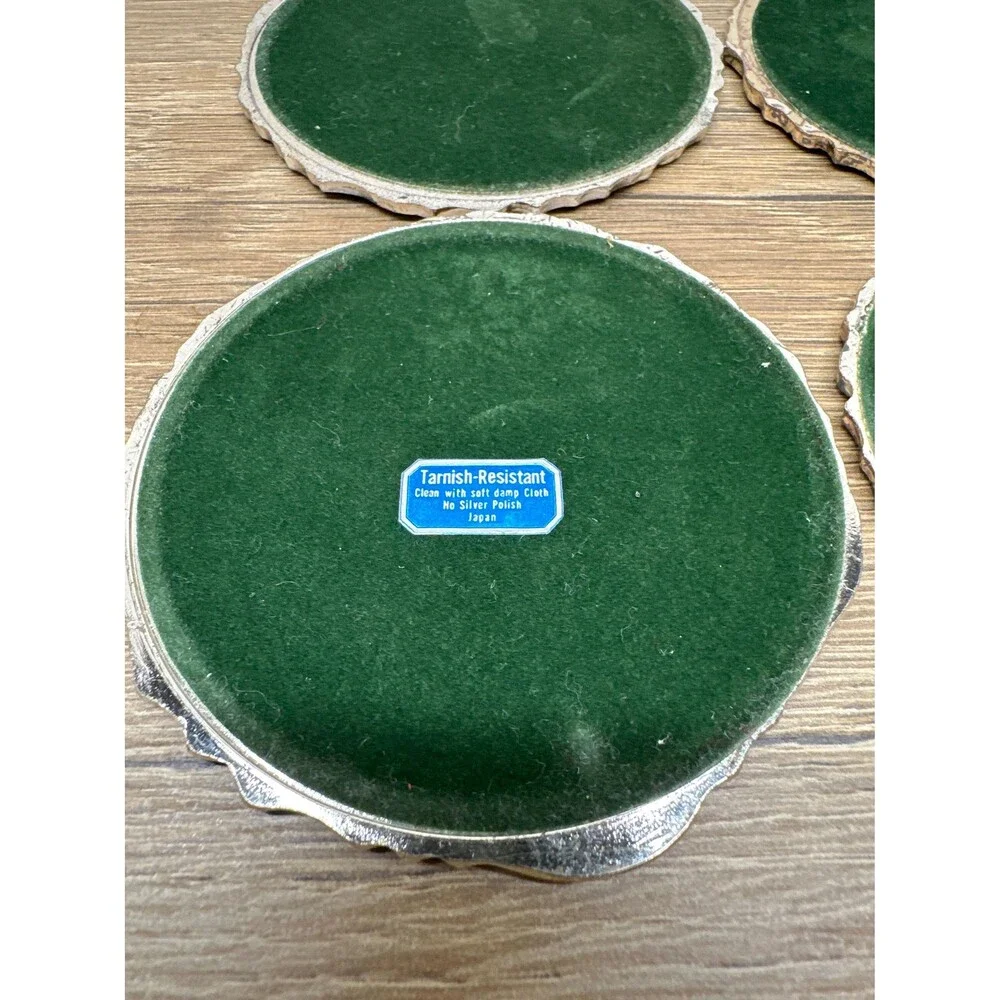 VTG Japan Silver Metal Green Enamel Wreath Red Bow Christmas Coasters Set of 6